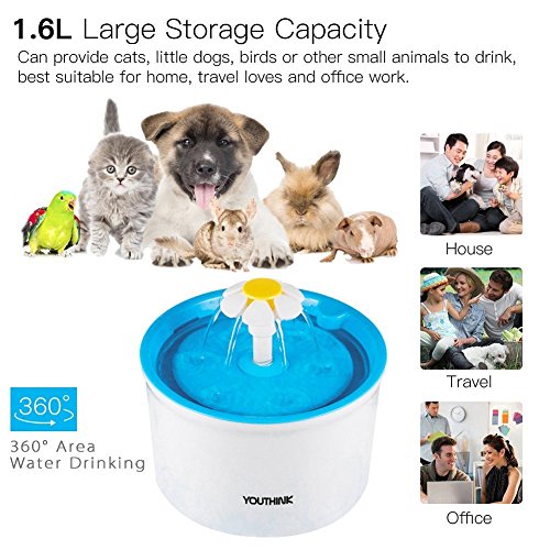 YOUTHINK Fuente de Agua para Gato/Perros, Dispensador Mascotas, Bebedero Automático Silencio 1.6 L Circulante SIN BPA con 3 Filtros, 2 Flores y 1 Tapete de Silicona1.6l Fuente - Imagen 7