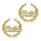 GemGem Jewelry Gold Tone Round Hollow Casting I love You Bamboo Hoop Pincatch Earrings for Women