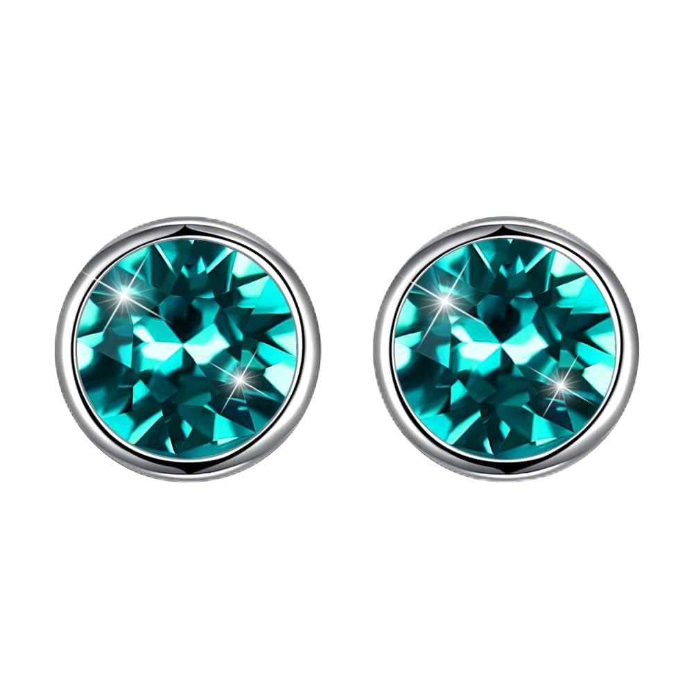 Hanie Silver Stud Earrings for Women, 925 Sterling Silver Crystal Studs Earrings, 8mm Green Round Small Sleeper Earrings, Unisex Allergen-Free Jewellery for Women Men Girls Boys