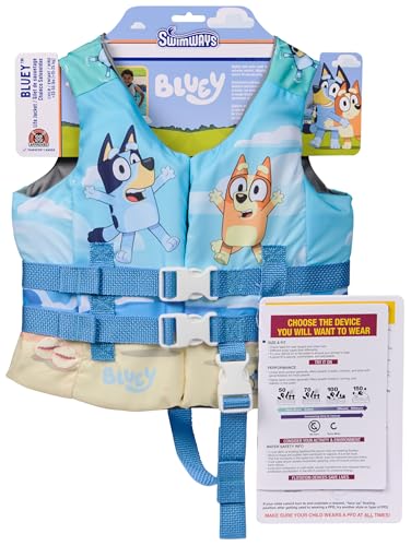 SwimWays Bluey Life Jacket, US Coast Guard Approved Kids Swim Vest, 33-55 lbs, Bluey