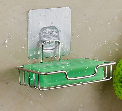 Fealkira Soap Dish Holder for Bathroom Shower Wall Mounted Self Adhesive Nail Free No Drilling Soap Holder Saver Tray-Stainless Steel Sponge Holder for Kitchen Storage Rack Soap Box (Opaque Base)