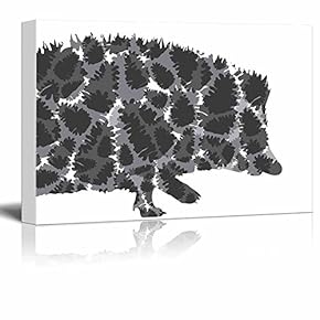 Pins and Needles - Hedgehog and Pinecones Silhouette - Black and White Exclusive Artwork - Quirky Fun Design - Canvas Art Home Art - 12x18 inches