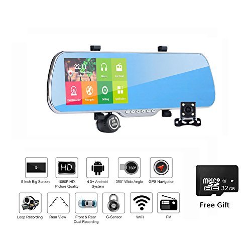 Dash Cam Rear View Mirror,Rear View Mirror Rotate  Dash Cam Android FHD 1080P Dual Lens Car Camera 5 Inch Touch Screen With GPS WiFi FM 32GB Card