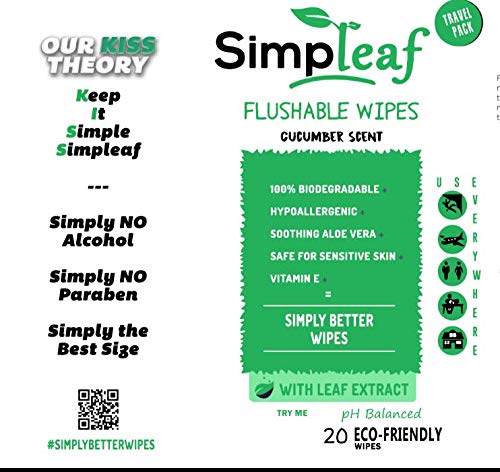 Simpleaf Flushable Wipes: Eco- Friendly, Thick and Effective, Paraben and Alcohol Free, Hypoallergenic and Safe for Sensitive Skin, Vitamin E with Cucumber Scent (6 Packs)