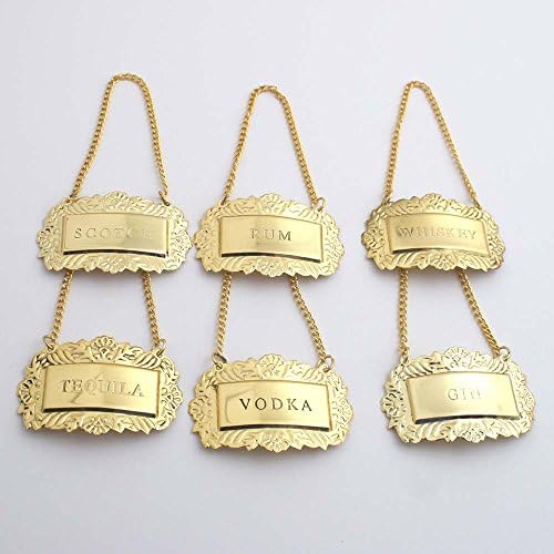 Brass Plated Engraved Liquor Decanter Labels- Set of 6 - Home Bar Pub Display