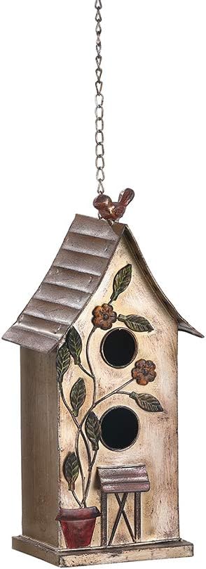 Brogan 15" H Distressed Metal Birdhouses for Outdoors Hanging, Bird House Decorative for Outside Garden Yard, Double Hole with Floral Accents : Garden & Outdoor