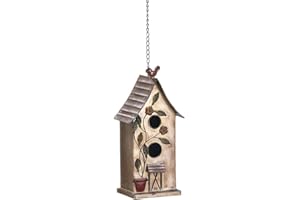 Jemeni 15" H Distressed Metal Birdhouses for Outdoors Hanging, Bird House Decorative for Outside Garden Yard, Double Hole with Floral Accents…………
