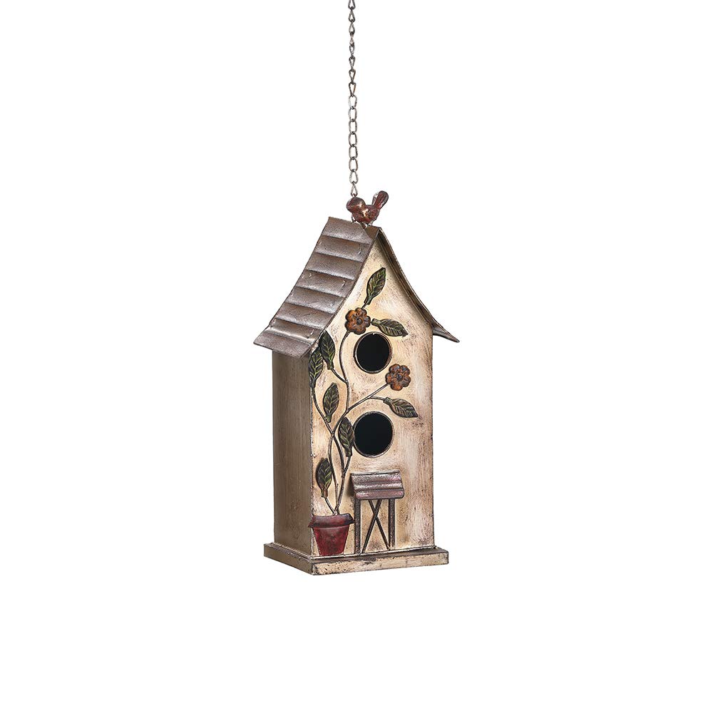 Photo 1 of Jemeni 15" H Distressed Metal Birdhouses for Outdoors Hanging, Bird House Decorative for Outside Garden Yard, Double Hole with Floral Accents…………