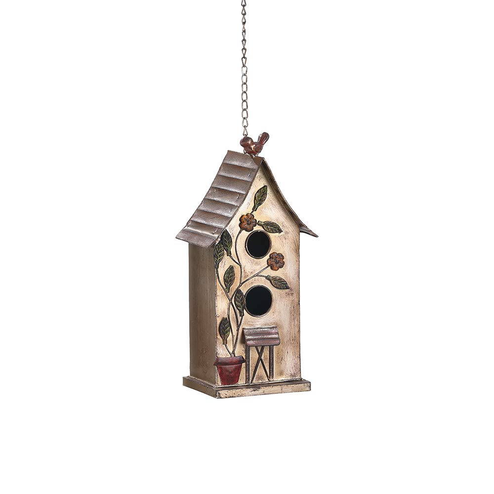 15" H Distressed Metal Birdhouses for Outdoors Hanging, Bird House Decorative for Outside Garden Yard, Double Hole with Floral Accents…………