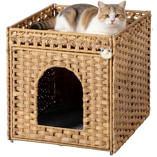 NIUB Cat Litter Box Enclosure Furniture, Hidden Litter Box with Mat and Fence, Handwoven Rattan Cat House with Two S-Shaped Hooks for Living Room, Bedroom, 18.5 x 20.5 x 19.1 Inches
