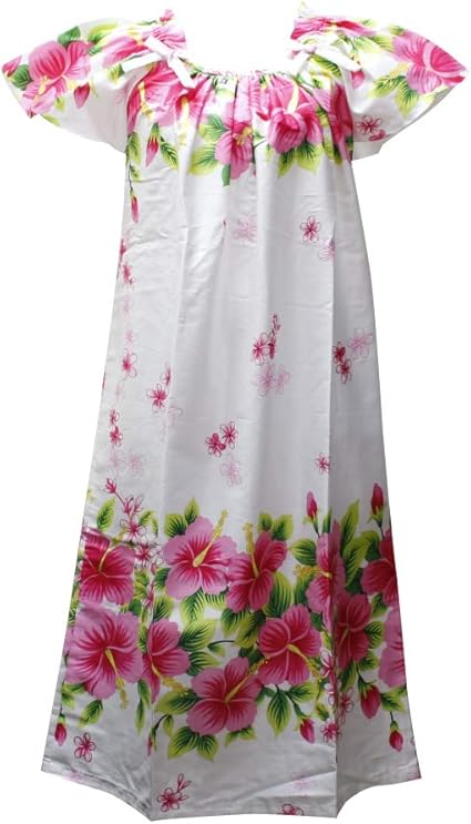 Amazon 沖縄生まれのムームードレス フレンチスリーブでゆったり着れます 白地にピンクのハイビスカスfr 06 ワンピース チュニック 通販