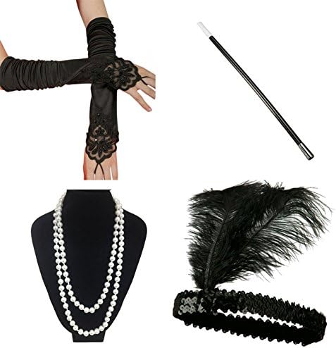 1920s Accessories Set Roaring 20's Great Gatsby Theme Party Flapper Dress Costume Headband Headpiece Long Black Gloves Necklace Cigarette Holder Photo Prop Women(Jessica)