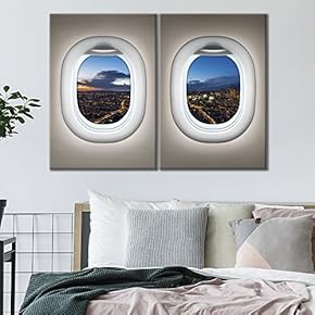 2 Panel Canvas Wall Art - White Plane Window Looking at a City at Night - Giclee Print Gallery Wrap Modern Home Art Ready to Hang - 16"x24" x 2 Panels