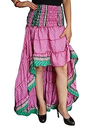 Mogul Interior Womens Asymmetrical Skirt Recycled Sari Free Falling High Low Ruffle Skirts