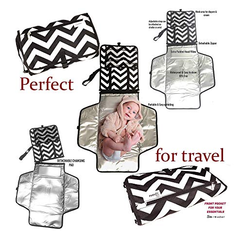 Portable Diaper Changing Pad by BabifulLove - Foldable Travel Changing Station Kit with Diaper & Wipes Pockets - Padded Head Cushion Waterproof & Wipeable