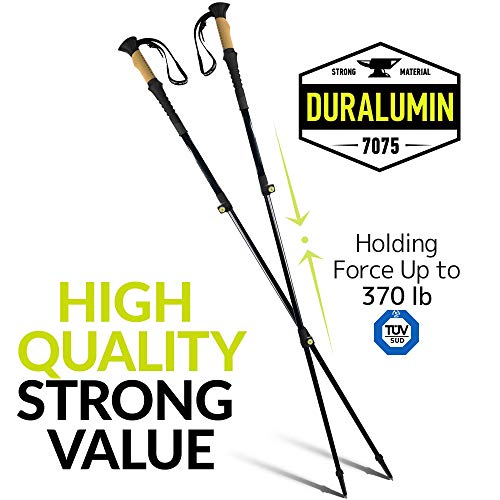 CAMMPO Trekking Poles - Ultra Strong & Lightweight Aluminum 7075 | Collapsible Hiking/Walking Sticks (2-pc) w/Tungsten Tip, Quick Adjust Flip-Lock System & Cork Grip (Black)