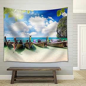 Long Tail Boat on Tropical Beach with Limestone Rock, Krabi, Thailand - Fabric Wall Tapestry Home Decor - 51x60 inches