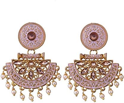 Adorn Gold Plated Beautifully Enamelled Pearl CZ Dangler Earrings For Women