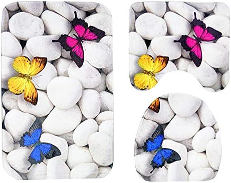 Bath Rug Sets 3 Piece for Bathroom,Miya Cobblestone Washable Rug Set Pattern Carpet Plush Bathroom Decor Mat with Non Slip Backing Flannel Bath Shower Rug,Pedestal Mat + Toilet Seat Lid Mat #08