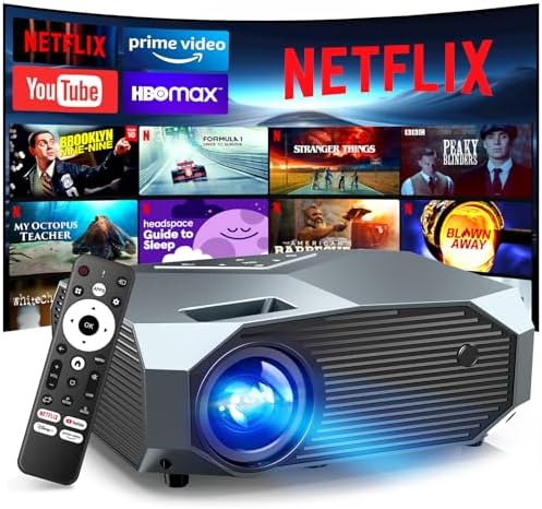 [Netflix Officially/High Brightness] Smart Projector with WiFi 6 and Bluetooth 5.3, 4K Outdoor Movie Projector with NETFLIX/Prime Video/YouTube, Portable Proyector Compatible with HDMI/USB/iOS/Android