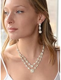 Mariell - Juego de collar y pendientes de dos filas de diamantes de imitación de oro   Prom, novias y damas de honor