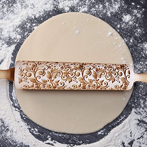 Uspacific Embossing Rolling Pin, Flower Pattern Wooden Laser Engraved Embossed Printing Rolling Pin DIY Tool for Homemade or Christmas Cookies