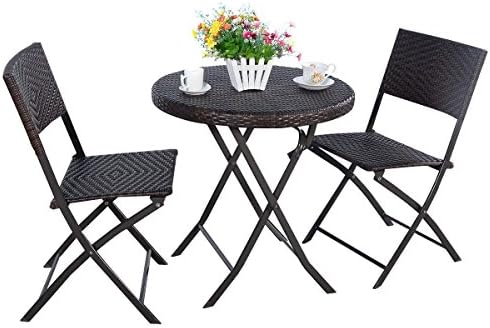 3PC Folding Round Table &amp; Chair Bistro Set Rattan Wicker Outdoor Furniture - Powder Coated Heavy Duty Steel Frames Are Sturdy And Durable - Foldable And Save Space - Assembly Required