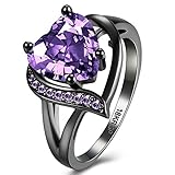 FENDINA Black Gold 18K Wedding Ring Heart Emerald Dark Purple Amethyst Inlay Fashion Ruby CZ Created Ring Engagement, Size 8