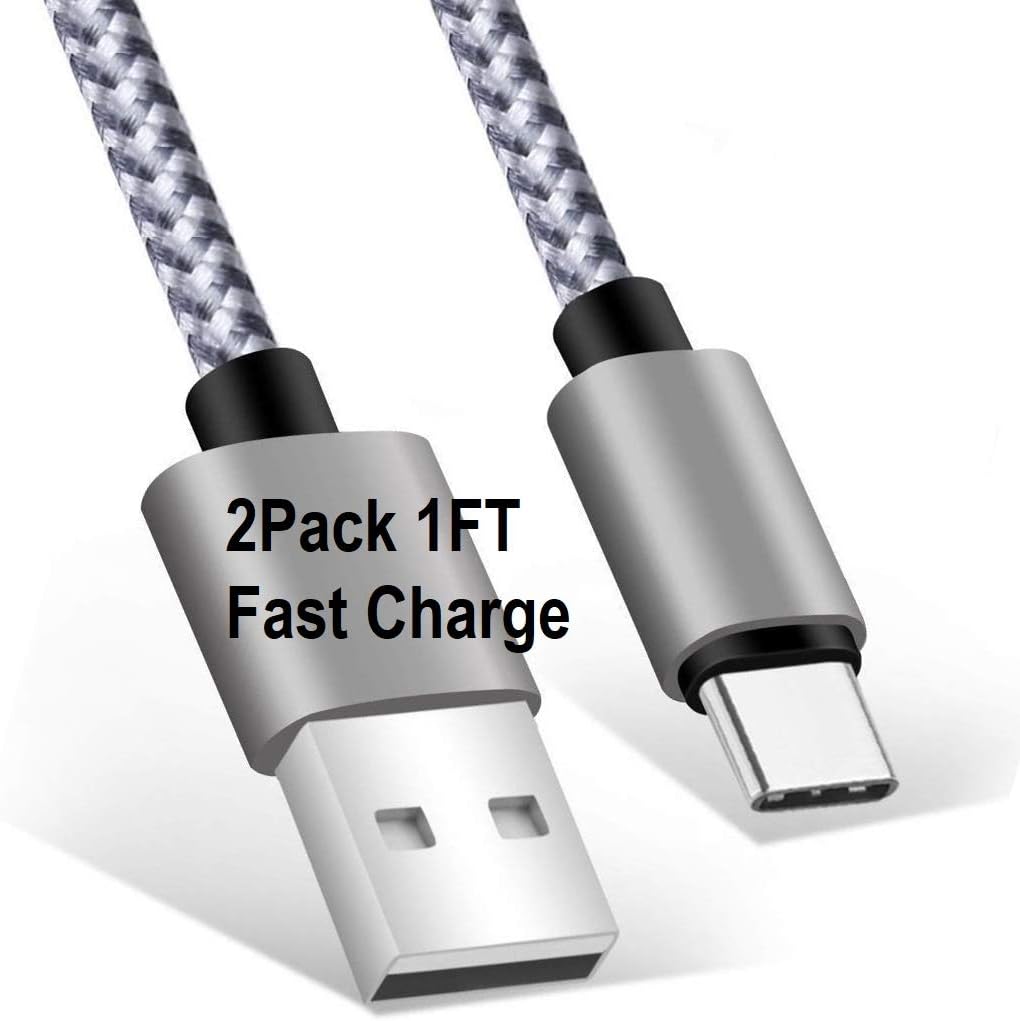 USB Type C Cable 0.3M Fast Charging lead for Samsung Galaxy S8 / S9 / S10 / Note 8 / Note 9 Plus, LG G5 / G6 / G7, 2 Pack 1FT Nylon Braided Short Charge & Data Charger Cord (White,2X1FT)