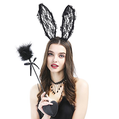 ieasysexy New Sexy Lingerie Accessories Feather Flirt Lace Rabbit Earrings Clavicle Chain Collar Set