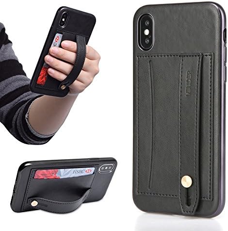 iPhone X Leather Case with Card Holder Slot and Finger Hand Strap, Slim Shockproof Protective Cover [Support Wireless Charging] for Apple iPhone 10 5.8 inch (Black) by VENIDER