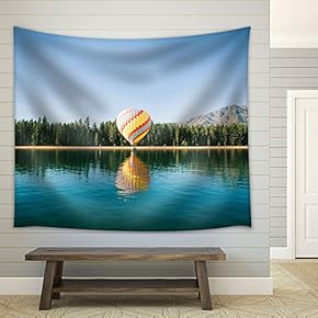 Colorful Hot Air Balloon Flying Above The Lake - Fabric Wall Tapestry Home Decor - 51x60 inches