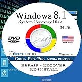 WINDOWS 8.1 - 64 Bit DVD SP1, Supports CORE, PROFESSIONAL and PROFESSIONAL with MEDIA CENTER. Recover, Repair, Restore or Re-install Windows to Factory Fresh!