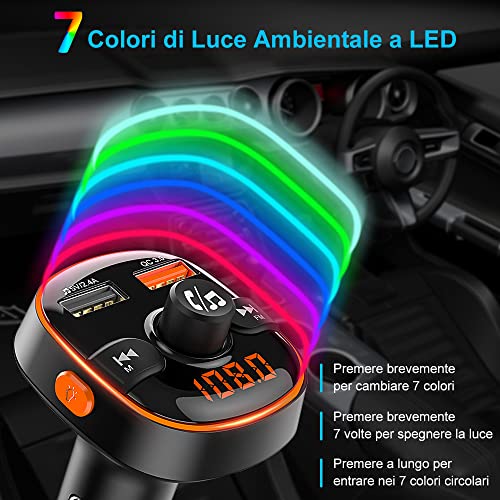 Goigrn Bluetooth per Auto, 7 Colori Controluce Trasmettitore Bluetooth per Auto con Ricarica QC3.0 e Porta USB 5V 2,4A, Kit Vivavoce per Auto, Trasmettitore Bluetooth Supporto U Disk/TF Card