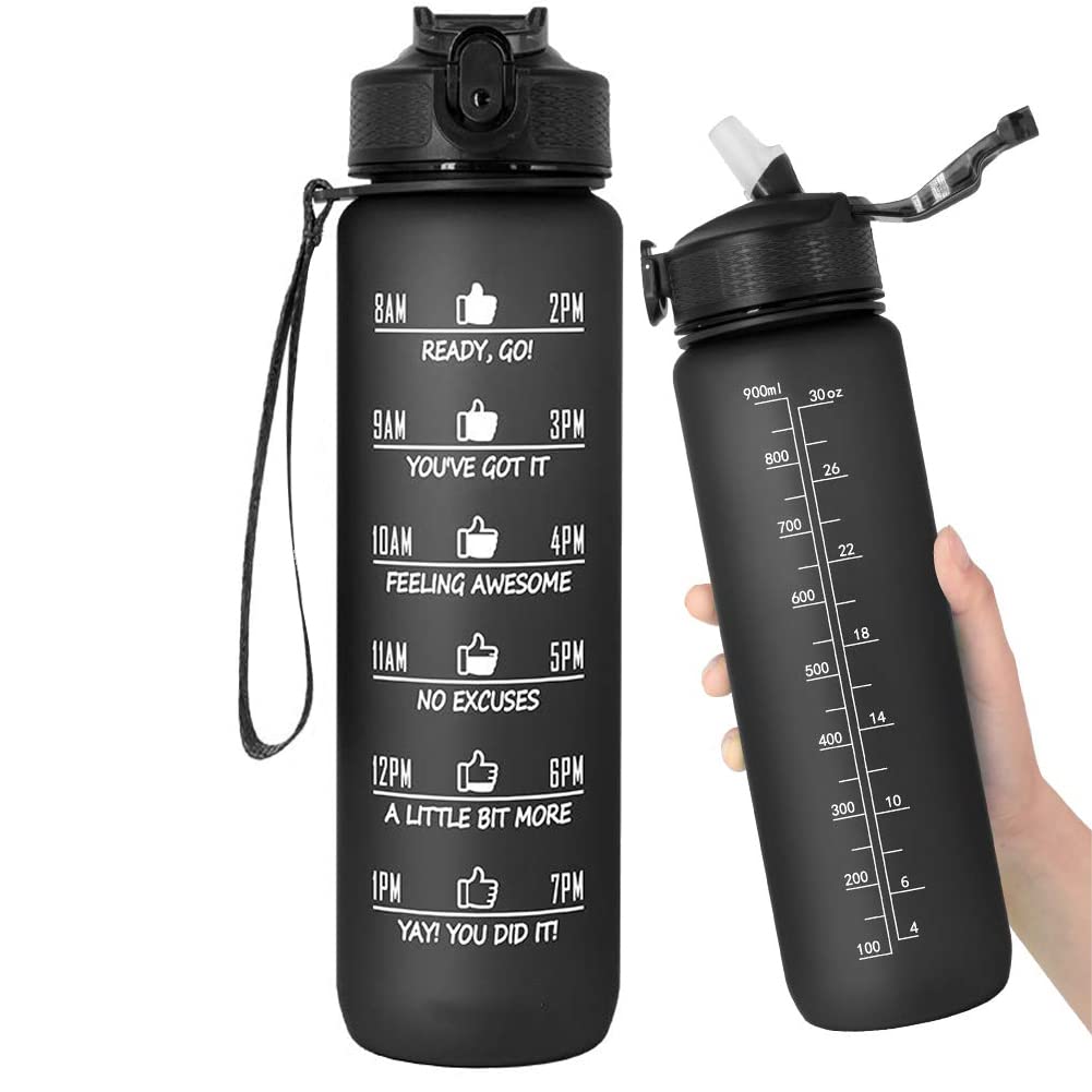 WANGCL 32oz Water Bottle with Straw Motivational Time Marker Portable Reusable Fitness Sports and Outdoor Water Jug （Black）