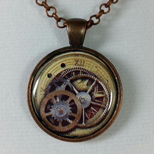 Steampunk Resin Art Picture Pendant Necklace Round Gears and Watch Face
