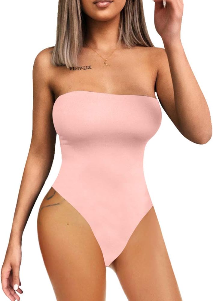 YMDUCH Women's Sexy Strapless Bodysuit One Piece Triangle Off Shoulder Leotard