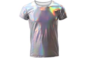 MANJIAMEI Men's Shiny Metallic T-Shirts, Short Sleeve Wet Look Tunic Tops for Clubwear, Slim 70s 80s Disco Party Muscle Top