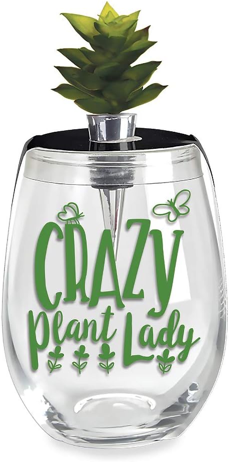 Wild Eye Designs Crazy Plant Lady Succulent Plant 16 Ounce Stemless Wine Glass Tumbler and Bottle Stopper, 2 Piece Gift Set
