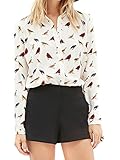 Clothink Women White Bird Print Shirt Collar Long Sleeve Button Up Shirt