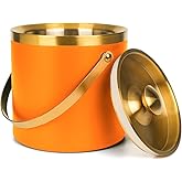 3L Double Wall Insulated Stainless Steel Ice Bucket with Strainer for Cocktail Bar,Metal Ice Bucket for freezer with Lid for parties.ice Container to Keep Ice Colder,bar cart accessories(Orange)