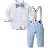 IDOPIP Toddler Kids Baby Boys Formal Suit Gentleman White Shirt with Bowtie + Suspender Shorts Pants Overalls Clothes 6M-5T