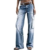 Women's Distressed Cargo Jeans with Multiple Pockets Denim Pants(Belt Not Include)