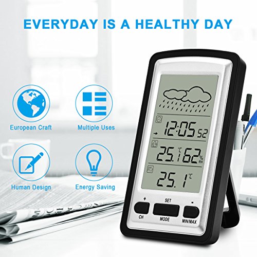 HopCentury Wireless Weather Station Digital LCD Alarm Clock with Outdoor Sensor Thermometer Hygrometer