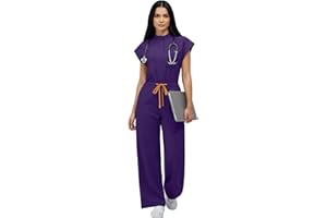 VIAOLI Women's Medical Scrub Jumpsuit - Mandarin Collar, with Drawstring Waist for Nursing Uniforms