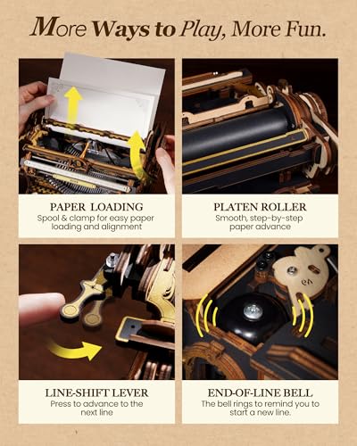 ROKR 3D Wooden Puzzle Typewriter for Adults - Black and Gold, Mechanical Modelling Kit, Vintage Model for Office, DIY Gift for Patient Builders (Black)