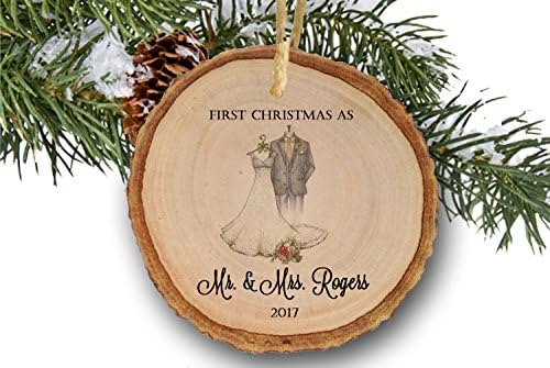 Personalized Bride and Groom ornament 2017, First Christmas as Mr. and Mrs. Ornament 2017, keepsake ornament, 1st Married Christmas Ornament, tree slice, wooden