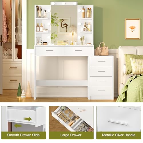 TEENFON Vanity Desk with 6 Drawers, 6 Open Shelves, Makeup Vanity with Mirror and Lights, Dressing Table with 3 Lighting Color Adjustable, Bedroom, White