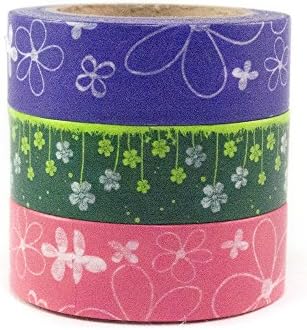 Japanese Washi Masking Tape by Minas Crafts, 0.6 Inches Wide, 32.8 Feet Long, Set of 3 - Flower Power