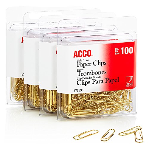 ACCO Gold Tone Clips, Smooth Finish, #2 Size, 100/Box, 4-Pack (400 Clips Total) (A7072554)